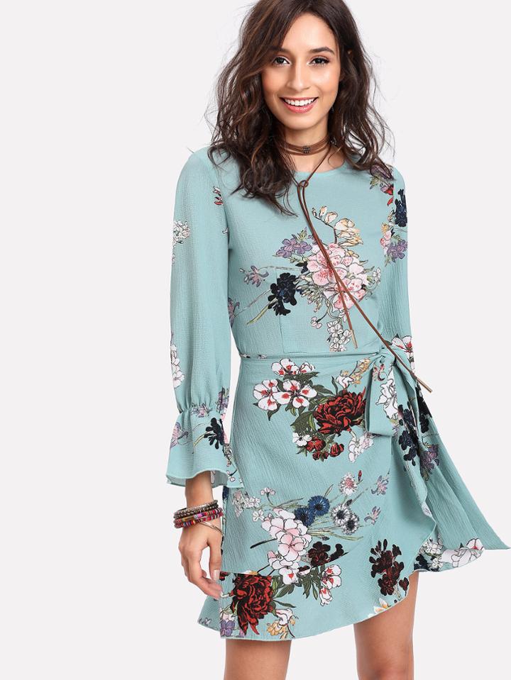 Romwe Trumpet Sleeve Ruffled Overlap Dress