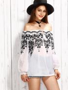 Romwe White Embroidered Tie Front Off The Shoulder Top