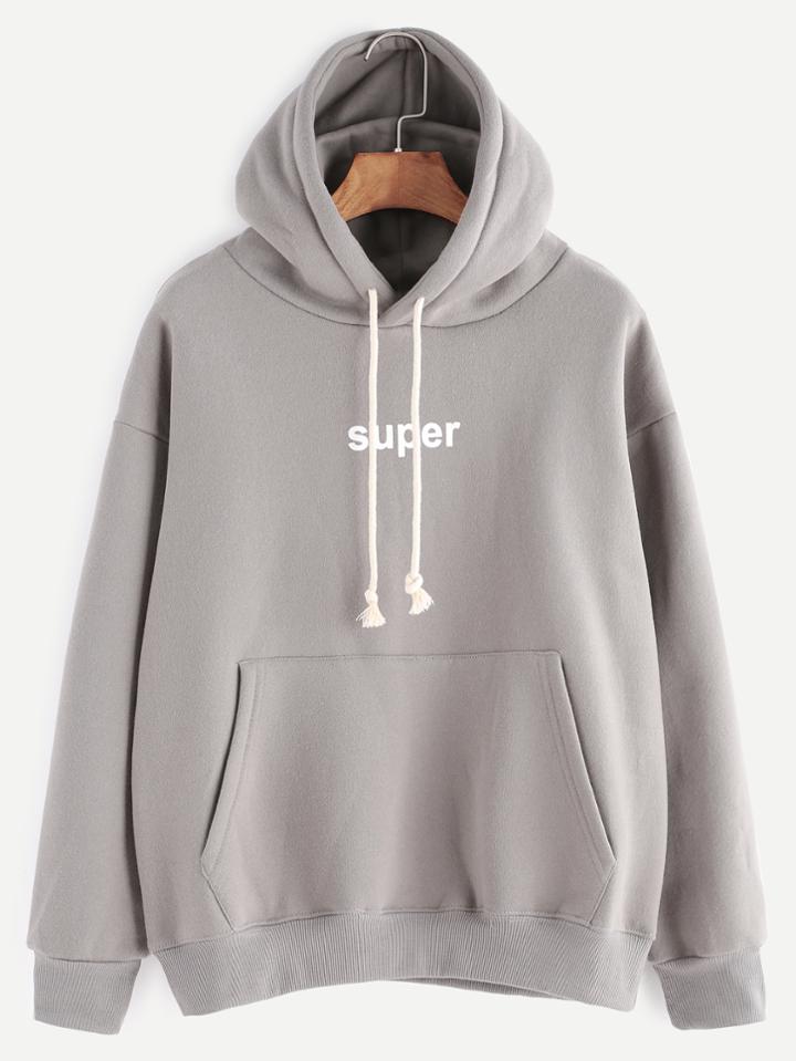 Romwe Grey Letter Print Drop Shoulder Drawstring Hooded Pocket Sweatshirt