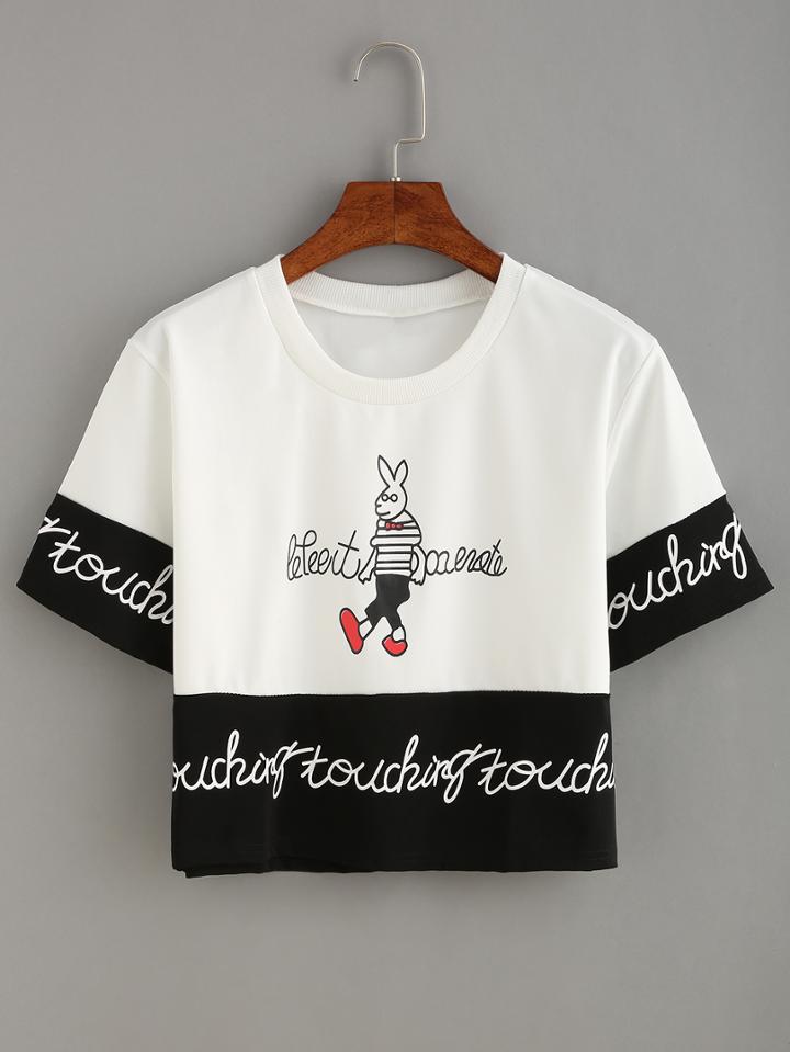 Romwe Contrast Bunny Print Crop T-shirt