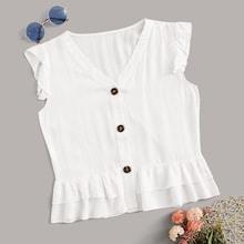 Romwe Button Front Ruffle Hem Blouse