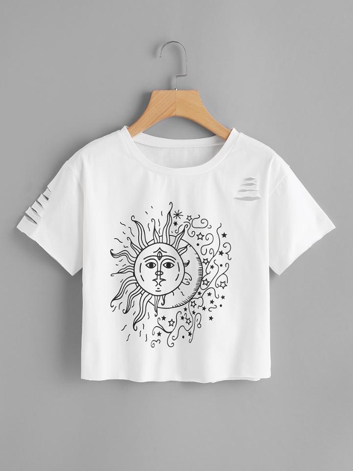Romwe Sun Print Ripped Sleeve Tee