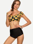 Romwe Flower Print Crop Rash Guard Swimwear - Black