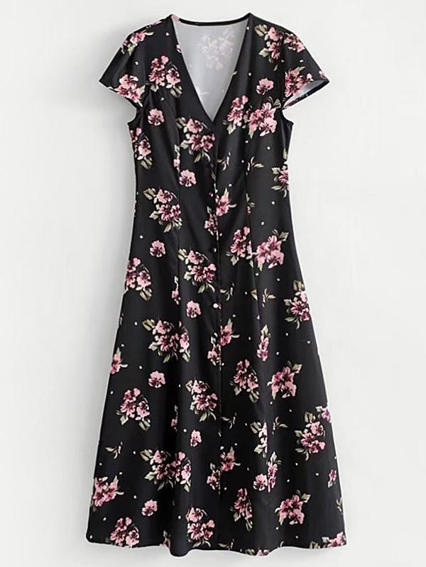 Romwe V Neckline Calico Print Dress