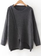 Romwe Dark Grey Round Neck Ribbed Trim Asymmetrical Sweater
