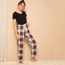 Romwe V-neck Top & Tartan Pants Pj Set