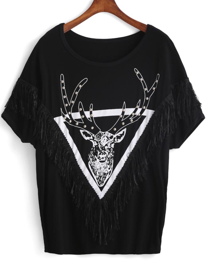 Romwe Deer Print With Tassel T-shirt