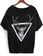 Romwe Deer Print With Tassel T-shirt