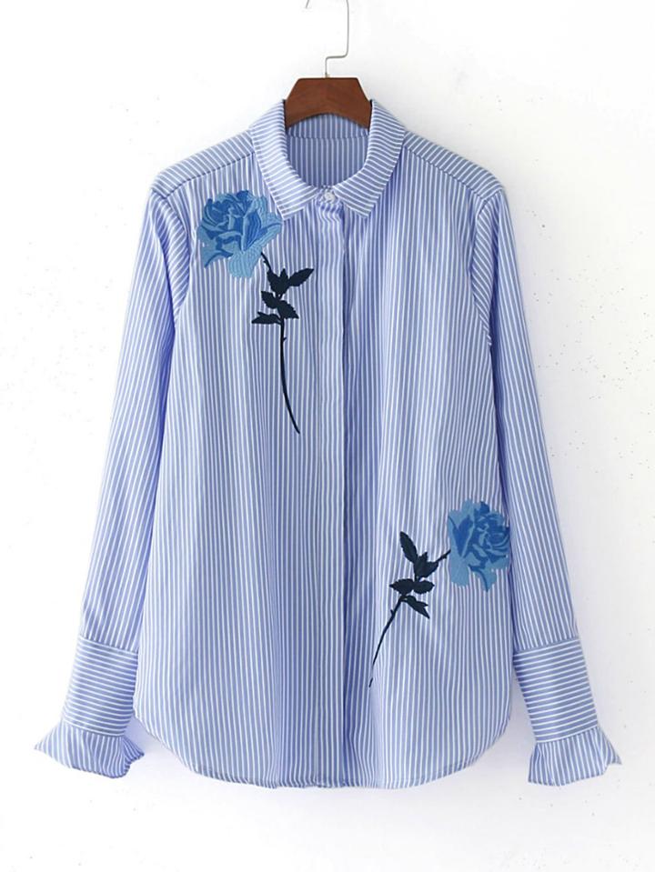 Romwe Bell Cuff Vertical Striped Embroidery Blouse
