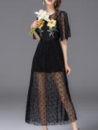 Romwe Black Applique Pouf Pleated Lace Dress