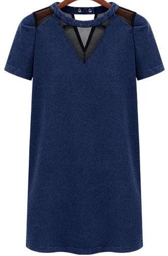 Romwe Contrast Mesh Short Sleeve Denim Dress