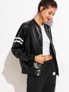 Romwe Black Faux Leather Varsity Striped Bomber Jacket