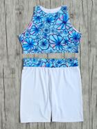 Romwe Blue And White Floral Print Two-piece Swimwear