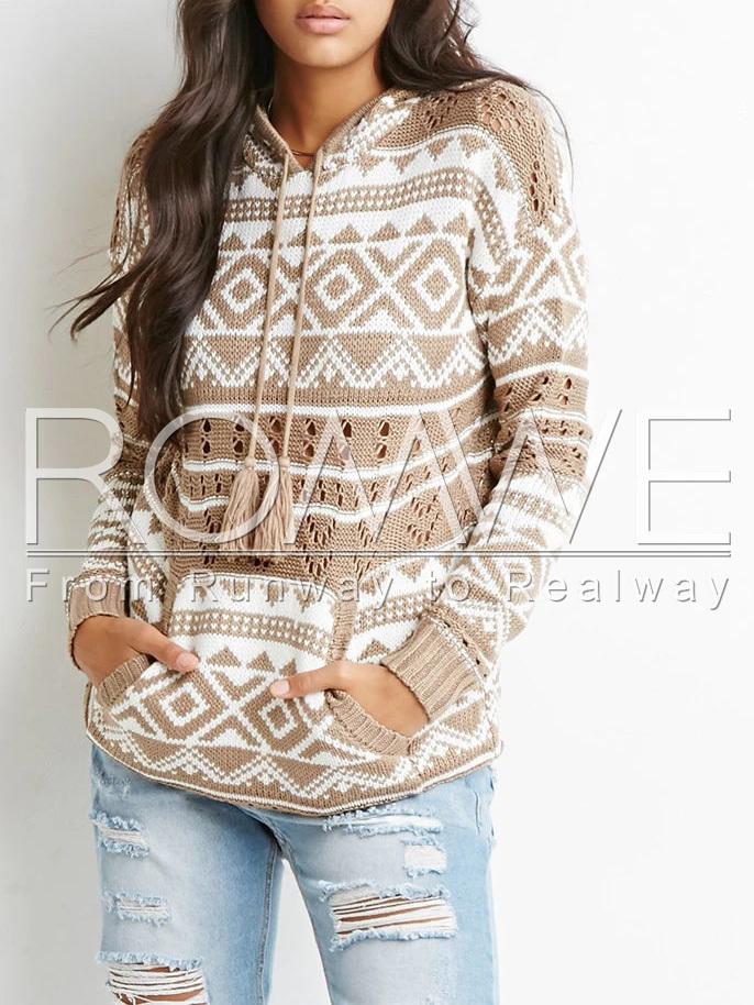 Romwe Apricot Long Sleeve Hooded Geometric Print Sweater