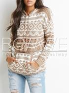 Romwe Apricot Long Sleeve Hooded Geometric Print Sweater
