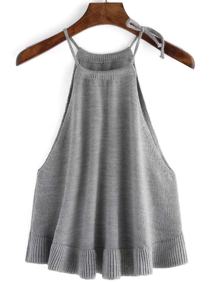 Romwe Halter Ruffle Sweater Grey Cami Top
