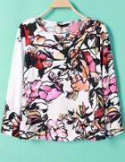 Romwe White Long Sleeve Ink Floral Print Blouse