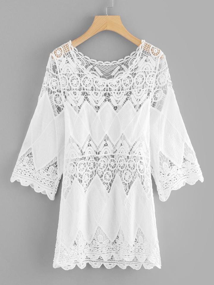 Romwe Scoop Neck Cut Out Crochet Top