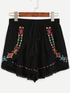 Romwe Black Embroidered Drawstring Tassel Waist Shorts
