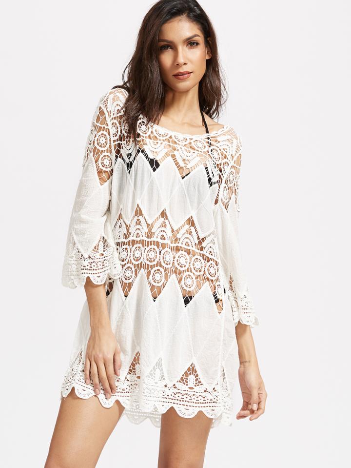 Romwe White Hollow Out Crochet Scallop Hem Cover Up Dress