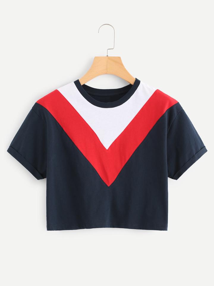 Romwe Color Block Chevron Crop Tee