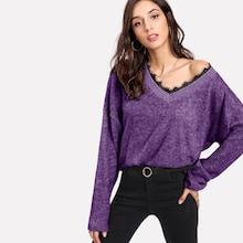 Romwe Lace Trim V Neck Jumper