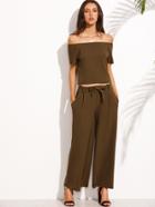 Romwe Olive Green Off The Shoulder Top With Wide Leg Pants