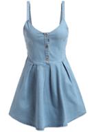 Romwe Spaghetti Strap With Buttons Denim Flare Pale Blue Dress