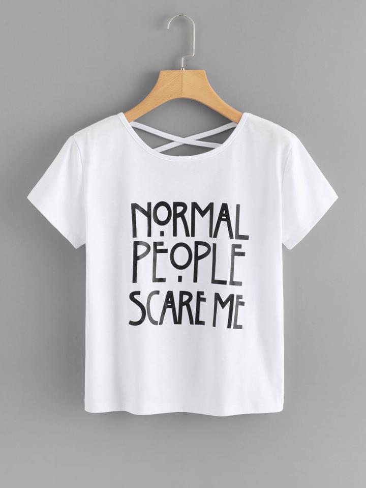 Romwe Slogan Print Criss Cross Back Tee