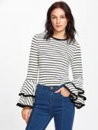 Romwe Contrast Binding Tiered Bell Sleeve Striped Tee