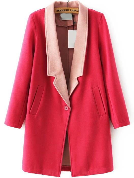 Romwe Contrast Lapel Single Button Pockets Long Coat