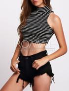 Romwe Black White Stripe High Neck Crop Top