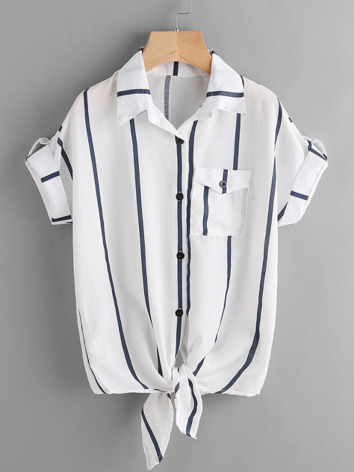 Romwe Striped Rolled Sleeve Knotted Top