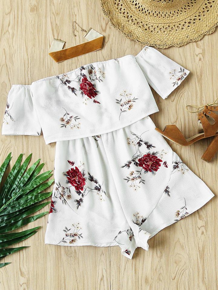 Romwe Off Shoulder Floral Print Layered Romper