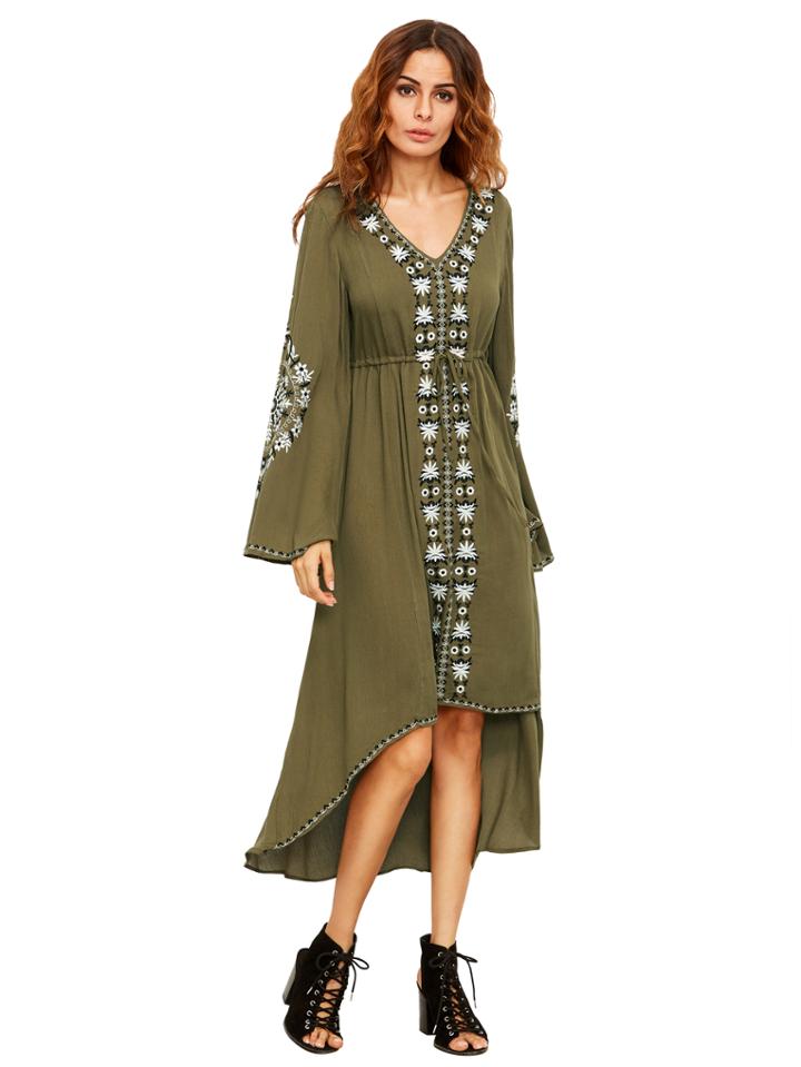 Romwe Army Green Bell Sleeve Tribal Print Dress