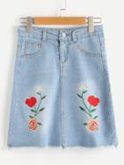 Romwe Embroidery Frayed Hem Denim Skirt