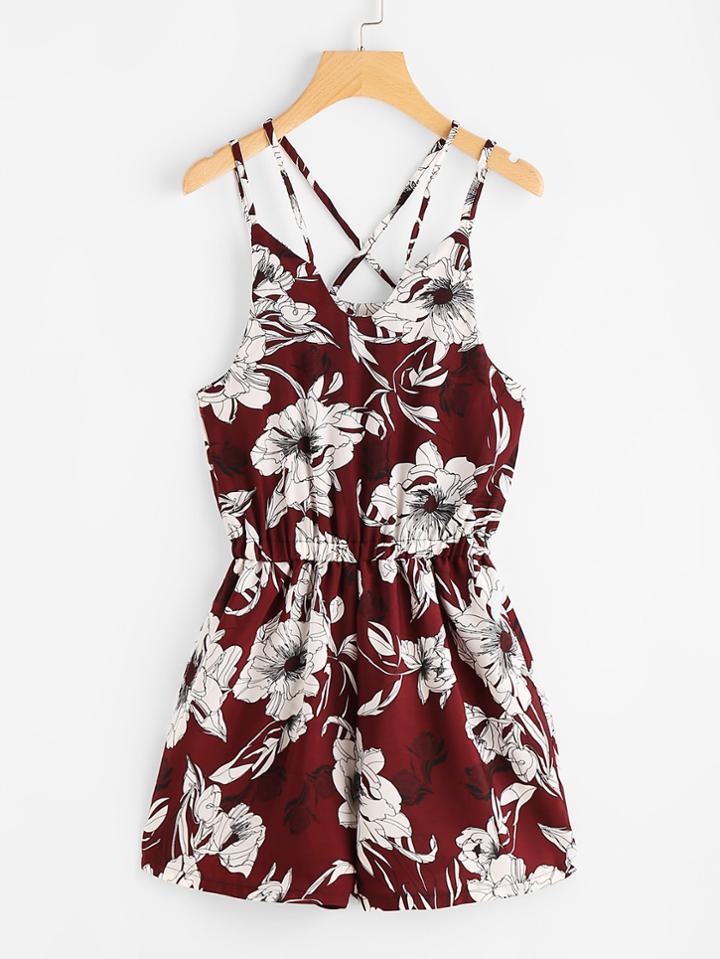 Romwe Floral Print Random Criss Cross Cami Romper