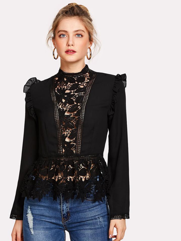 Romwe Frilled Shoulder Lace Insert Peplum Top