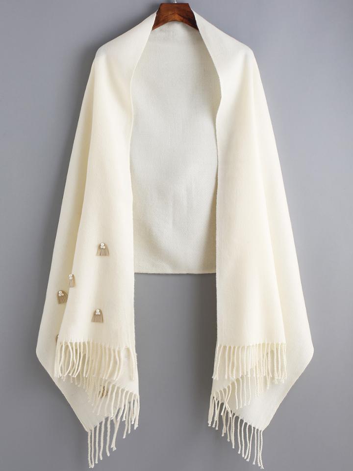 Romwe Fringe Bead White Scarf