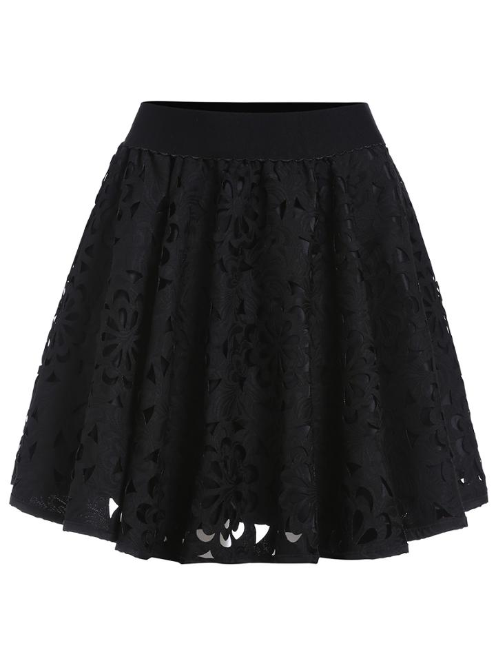 Romwe Elastic Waist Hollow Flare Skirt