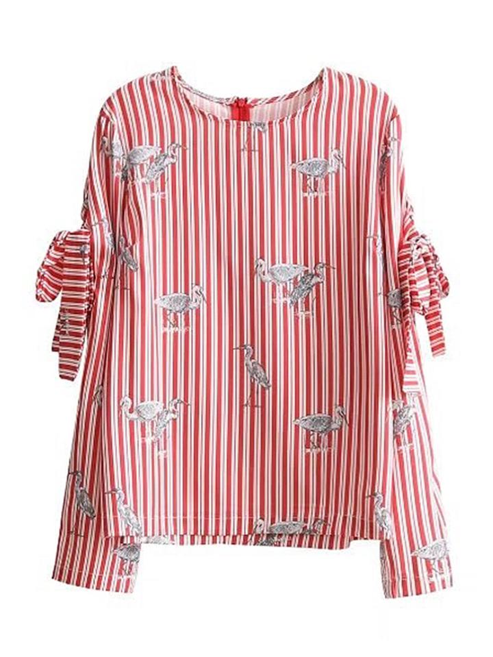 Romwe Vertical Striped Bow Tie Sleeve Blouse