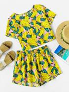 Romwe Allover Banana Print Buttoned Keyhole Top And Shorts Co-ord