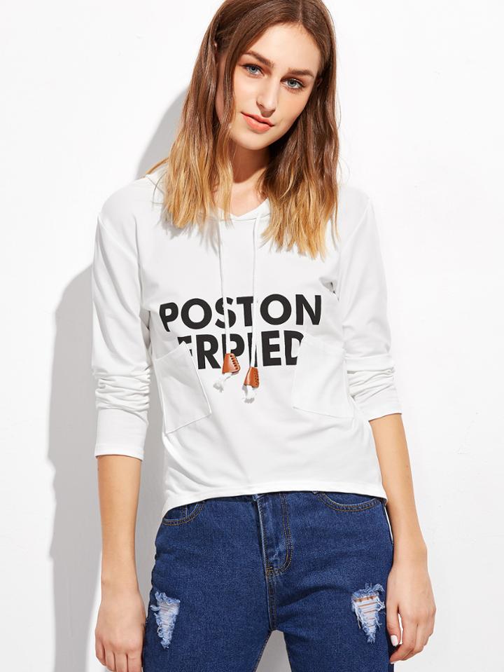 Romwe White Letter Print Dip Hem Pockets Hooded Sweatshirt