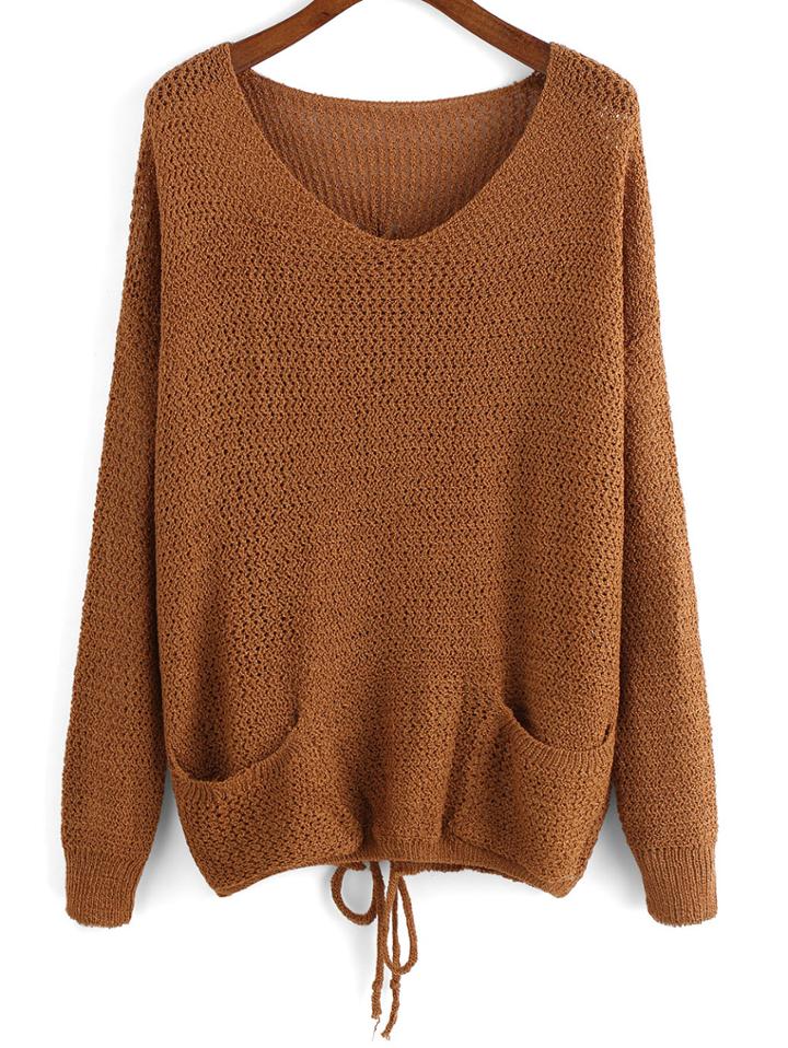 Romwe V Neck Self-tie Sweater