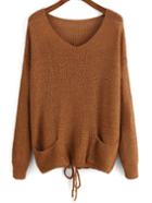 Romwe V Neck Self-tie Sweater