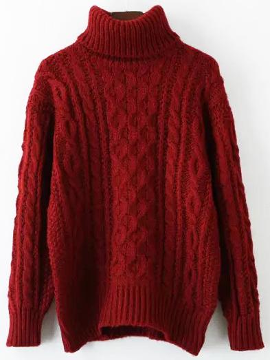 Romwe Turtleneck Cable Knit Loose Burgundy Sweater