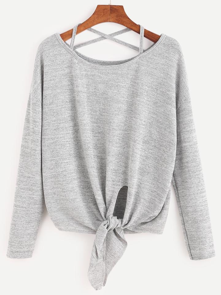 Romwe Heather Grey Drop Shoulder Criss Cross Tie Front T-shirt