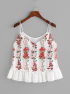 Romwe Blossom Embroidery Tulle Overlay Ruffle Cami Top