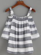Romwe White Striped Smocked Cold Shoulder Top