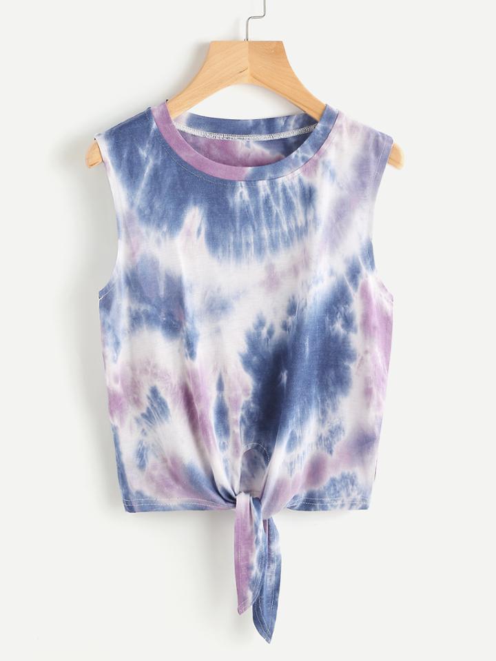 Romwe Tie Dye Knot Hem Tank Top